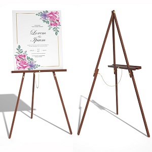 Various styles of easel stands displayed in a bright studio, showcasing artwork and posters in an elegant manner